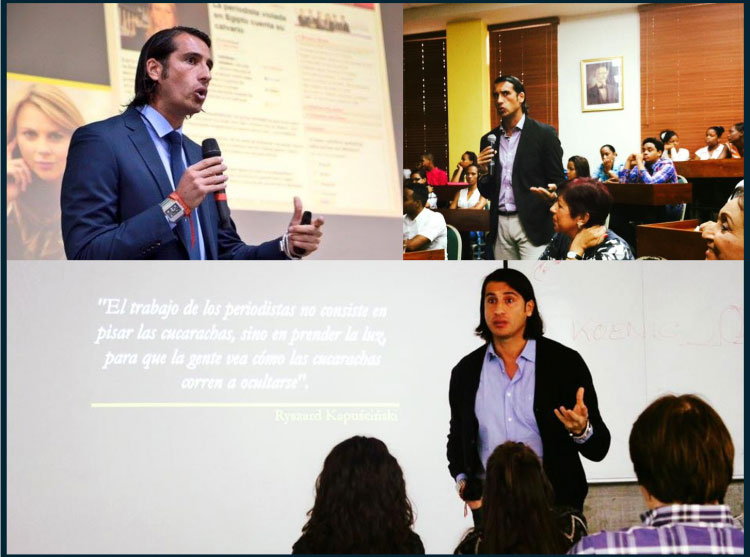 3 fotografias de Santiago Tejedor como docente delante del auditorio
